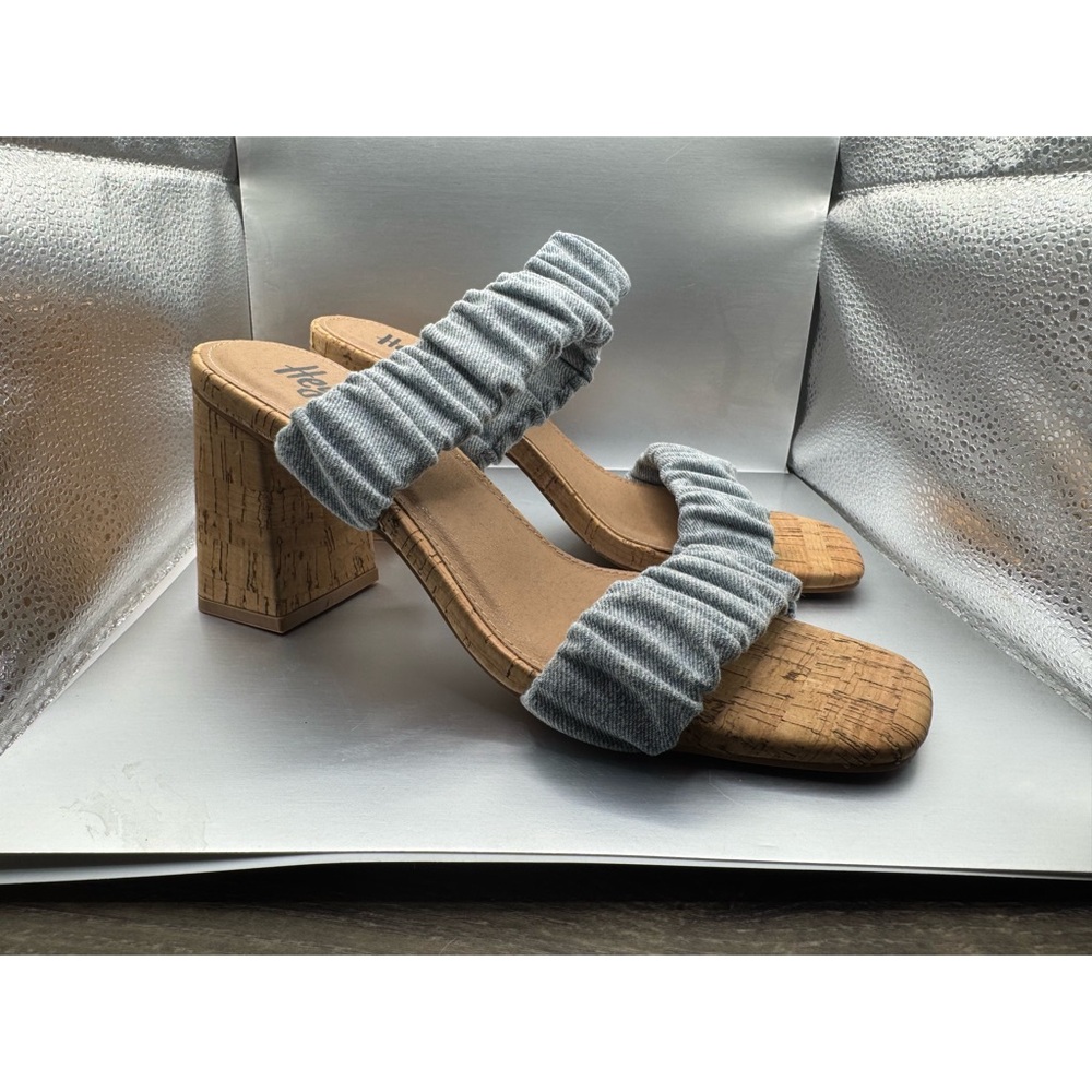 Denim blue Hey Girl cork Ruffled Block Heel Sandals Size 8